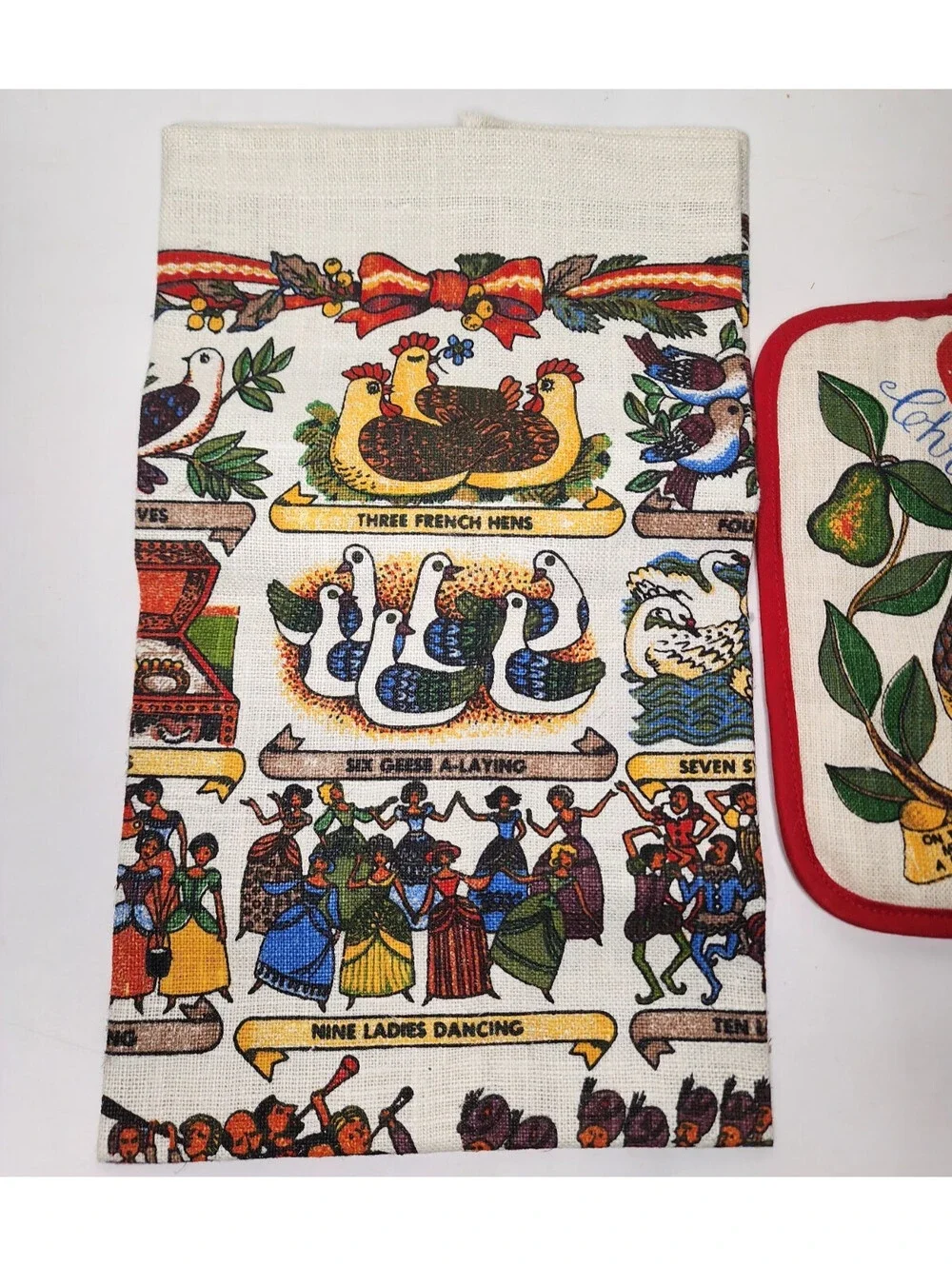 Vintage Tea and Pot Holder Linen Partridge In A Pear Tree 12 Days of Christmas